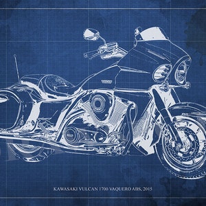 KAWASAKI VULCAN VAQUERO, Kawasaki blueprint,motorcycle art print,print for man cave,Art Print 14x9.63in  to 60x41in, Motorcycle Art print