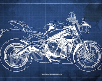 Triumph Street Triple RS Blueprint, Bike Art Print,Unique Wall Art