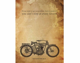 Personalized Harley Davidson Model 10B, 1914, Original Handmade Drawing Art Print,Paper size A4: 8x11 in.