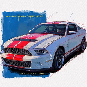 2010 Ford Mustang Shelby GT500 Handmade Drawing,Art Print Original Drawing,office decor,husband gift,blueprint,christmas,giftidea