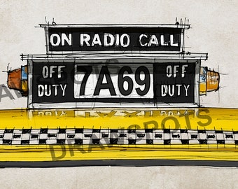 New York taxi sign, custom for Michael, yellow cab Sketch, Colorful handmade drawing. Original Handmade drawing Art Print