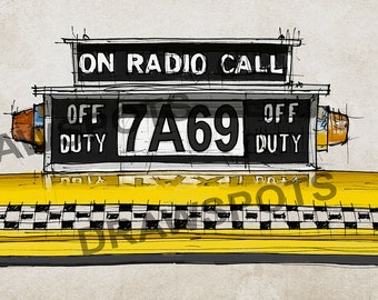 New York Taxi Sign Art Print, Yellow Cab Sketch