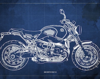 2020 BMW R nineT/5 Blueprint, Motorcycle Art Print, Garage Decor