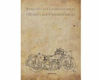 INDIAN 640B,1942,Original Handmade Drawing,"Young riders pick a destination and go. Old riders pick a direction and go", 8x11