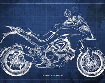 Ducati Multistrada 1200S Blueprint Art Print, Garage Decor