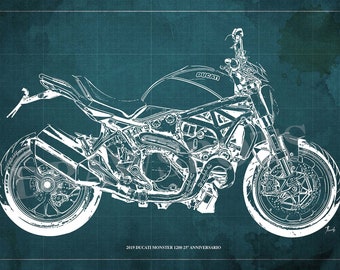 Ducati Monster 1200 25 Anniversario Blueprint Art Print,Unique Wall Art