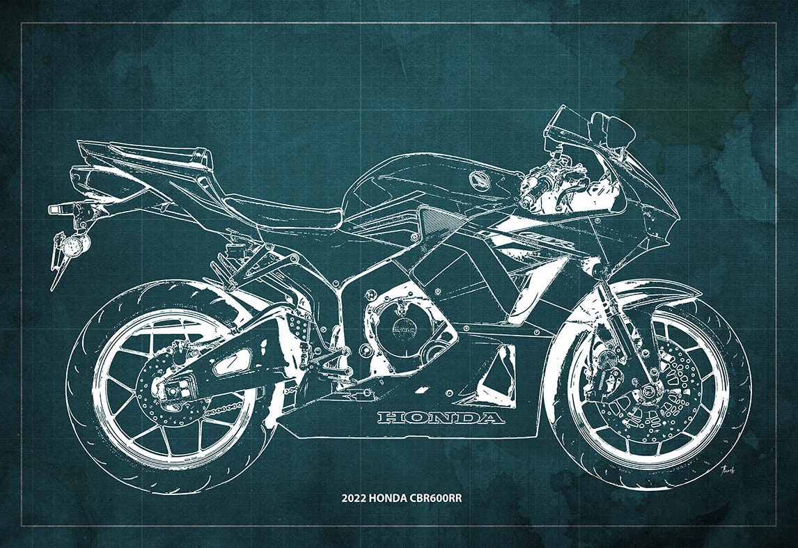 2022 Honda CBR600RR Motorcycle Blueprint Art Print, Garage Decor