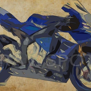 Könnte beinhalten: Abstrakte Illustration eines blauen und grauen Motorrads vor braunem Hintergrund.