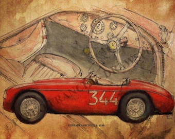 Ferrari Barchetta 1948, Original Handmade Drawing Art Print, 11.5x16 in