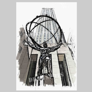 Atlas sculpture sketch at Rockefeller Center,New York. Titan, Zeus, Olimpo, Handmade drawing Art Print,wall print for office or men&#39;s cave