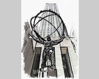 Atlas sculpture sketch at Rockefeller Center,New York. Titan, Zeus, Olimpo, Handmade drawing Art Print,wall print for office or men's cave