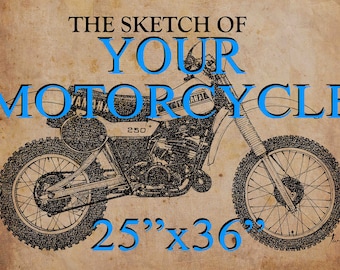 Custom Father's birthday gift: 25x36 in. personalized handmade sketch. YOUR MOTORCYCLE, send me a photo of your motorcycle. Gift for bikers.