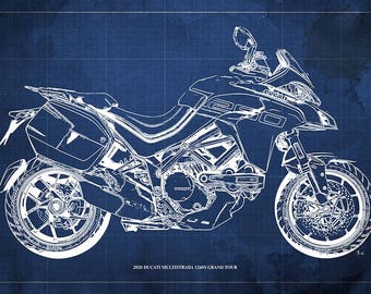 2020 Ducati Multistrada 1260S Grand Tour Blueprint Print, Vintage Green Background