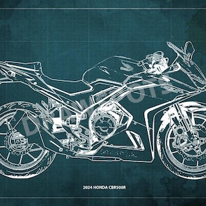 2024 Honda CBR500R Blueprint, impressão artística 14x9,60 a 60x41in, impressão artística de bicicleta, presente para marido, decoração de garagem, decoração de escritório, presente para motociclistas