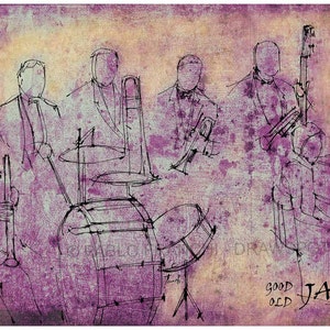 A4 size print, Good Old Jazz, Original Handmade Drawing Print, Louis Armstrong and his Hot Five
