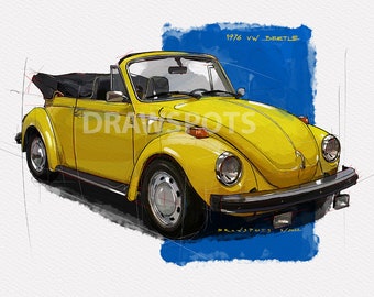 1976 VW Beetle Original Handmade Drawing,Art Print Original Drawing,mancave,office decor,husband gift,blueprint,christmas,giftideas,classic
