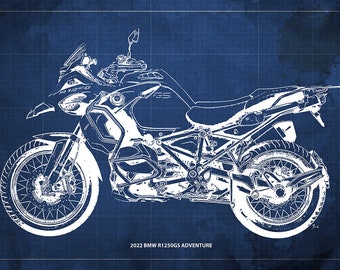 2022 BMW R1250GS Blueprint,Art Print 14x9.60 to 60x41in,Bike Art print,gift for husband,garage decor,office decor