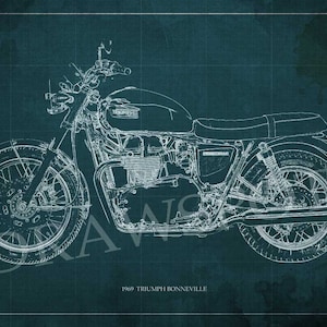 May include: A white line drawing of a 1969 Triumph Bonneville motorcycle on a blue grid background. The text "1969 TRIUMPH BONNEVILLE" is below the motorcycle.