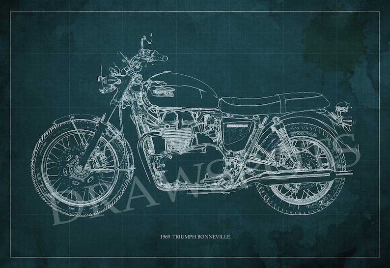 May include: A white line drawing of a 1969 Triumph Bonneville motorcycle on a blue grid background. The text "1969 TRIUMPH BONNEVILLE" is below the motorcycle.