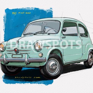1963 FIAT 600 Original Handmade Drawing,Art Print Original Drawing,mancave,office decor,husband gift,blueprint,christmas,giftideas