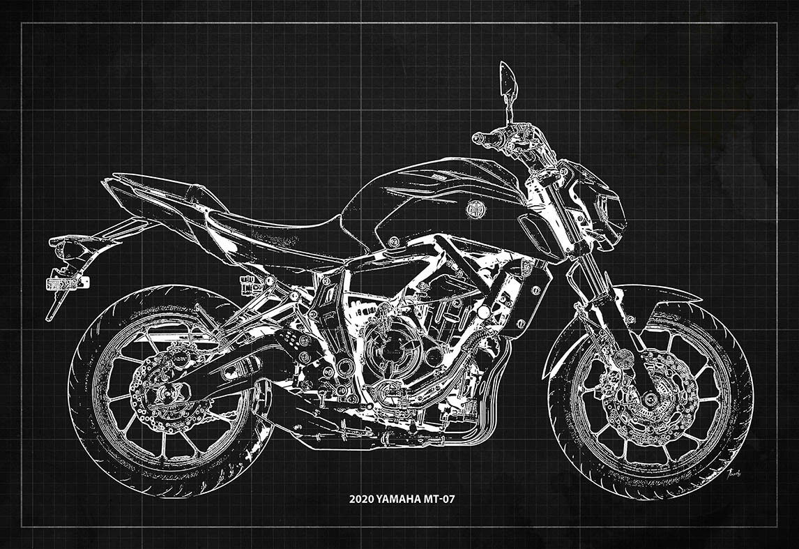 2020 Yamaha MT-07 Blueprint Art Print, Motorcycle Garage Wall