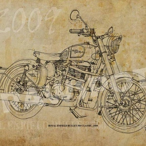 ROYAL ENFIELD Bullet 500 Classic 2009, 8x11in to 60x42in Based on my Original Handmade Drawing
