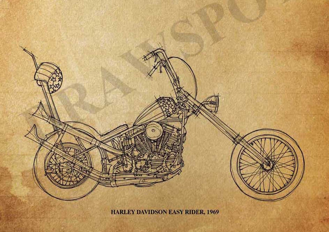 Quadro Harley Davidson Vintage KUSTOM ART - Stampa Su Legno Easy Rider - Foto 3
