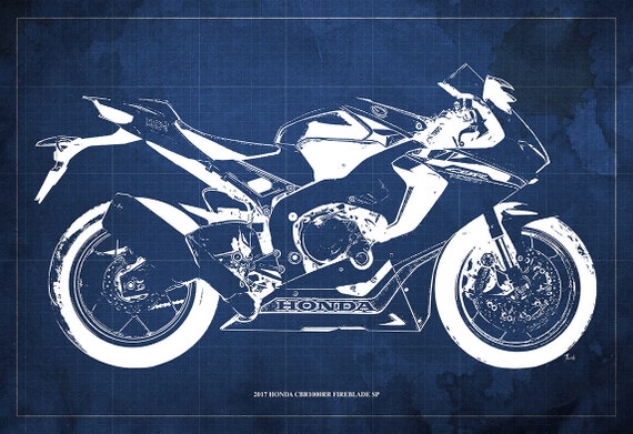 Honda CBR1000RR Fireblade Blueprint, Motorcycle Art Print, Unique