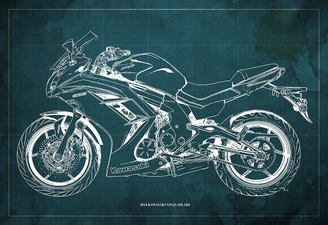 2014 Kawasaki Ninja 650 ABS Blueprint,art Print 14x9.60 to 60x41in
