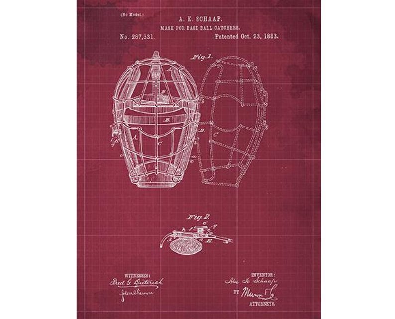 Baseball Catcher Mask Patent Print, 1882 Blueprint (digital Download ...