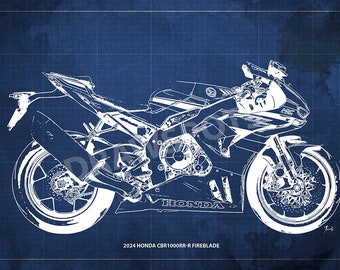 2024 Honda CBR1000RR-R Fireblade Blueprint Art Print, Motorcycle Garage Decor