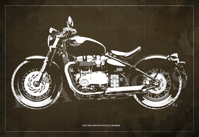 2018 Triumph Bonneville Bobber Blueprintart Print Larger Etsy
