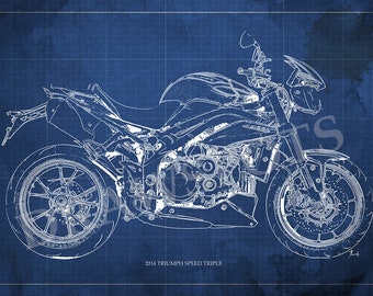 2014 Triumph Speed Triple Blueprint, Art Print 8x12in to 60x41in, Motorcycle Art print