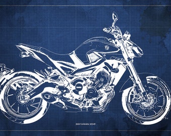 Yamaha MT-09 Blueprint, Motorcycle Art Print,Unique Wall Art