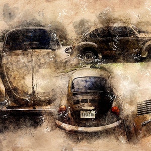 Può includere: Un'illustrazione vintage ad acquerello di tre classiche Volkswagen Maggiolino. Le auto sono in varie tonalità di marrone e grigio, con un aspetto sbiadito e usurato. L'immagine ha un'atmosfera vintage e sarebbe perfetta per un appassionato di auto.