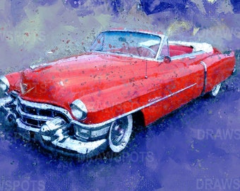 1953 Cadillac Sixty-Two Convertible Original Artwork Print,Fathers Day Gift,Digital Custom Car Illustration,Gift for car lovers,Office decor