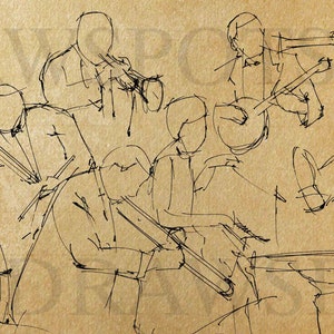 May include: A sketch of a jazz band performing, rendered in black ink on a tan background. The drawing depicts musicians playing instruments like trumpets, a banjo, and a trombone. The style is loose and expressive, capturing the energy of a live performance.