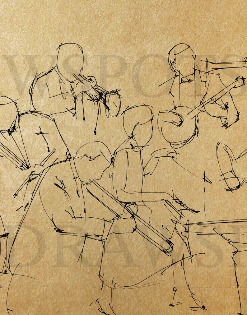 May include: A sketch of a jazz band performing, rendered in black ink on a tan background. The drawing depicts musicians playing instruments like trumpets, a banjo, and a trombone. The style is loose and expressive, capturing the energy of a live performance.