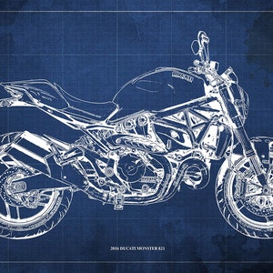 2016 Ducati Monster 821 Blueprint, Art Print tamanhos maiores, Desenho Original, mancave, decoração de escritório, presente do marido, blueprint, natal