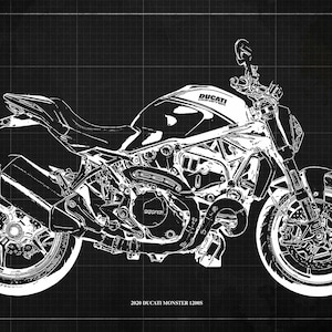 2020 Ducati Monster 1200S Blueprint,Art Print 14x9.60 to 60x41in,Bike Art print,gift for husband,garage decor,office decor