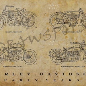 Puede incluir: Impresión de estilo vintage con planos de motocicletas Harley Davidson de los primeros años. La imagen incluye modelos de 1907, 1915 y 1921, con el texto "HARLEY DAVIDSON EARLY YEARS" en la parte inferior. El fondo tiene un aspecto envejecido y desgastado.
