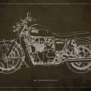 May include: A white line drawing of a 1969 Triumph Bonneville motorcycle on a brown grid background. The motorcycle is shown in profile, with the front wheel turned slightly to the left. The drawing includes details such as the engine, exhaust pipes, and seat.