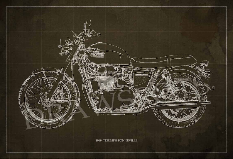 May include: A white line drawing of a 1969 Triumph Bonneville motorcycle on a brown grid background. The motorcycle is shown in profile, with the front wheel turned slightly to the left. The drawing includes details such as the engine, exhaust pipes, and seat.