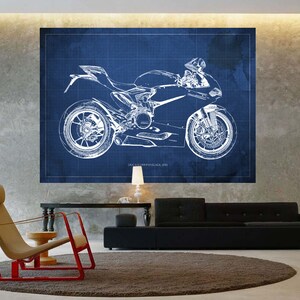 Ducati 1299 Panigale Blueprint Art Print, Motorcycle Garage Decor