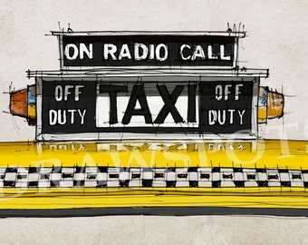 New York taxi sign, yellow cab Sketch, Colorful handmade drawing. Original Handmade drawing Art Print,wall print for office or men's cave