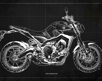 Yamaha FZ-09 Blueprint Art Print, Garage Decor,Unique Wall Art