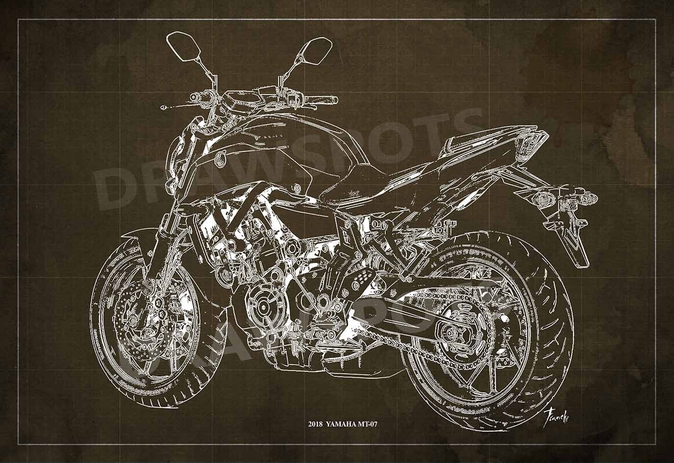 Yamaha MT-07 Blueprint Art Print, Motorcycle Original Drawing,unique ...