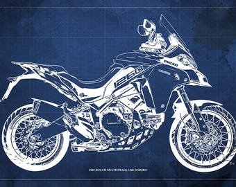 2020 Ducati Multistrada 1260 Enduro Blueprint, Vintage Motorcycle Art, Garage Decor Print