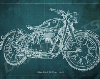 BMW R60/2 Special 1965 Blueprint, Art Print 8x12in to 60x41in, Motorcycle Art print