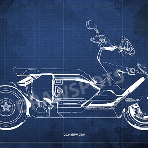 May include: A white line drawing of a 2024 BMW CE 04 electric scooter on a blue blueprint background. The scooter is shown in profile view with the front wheel turned slightly to the right.